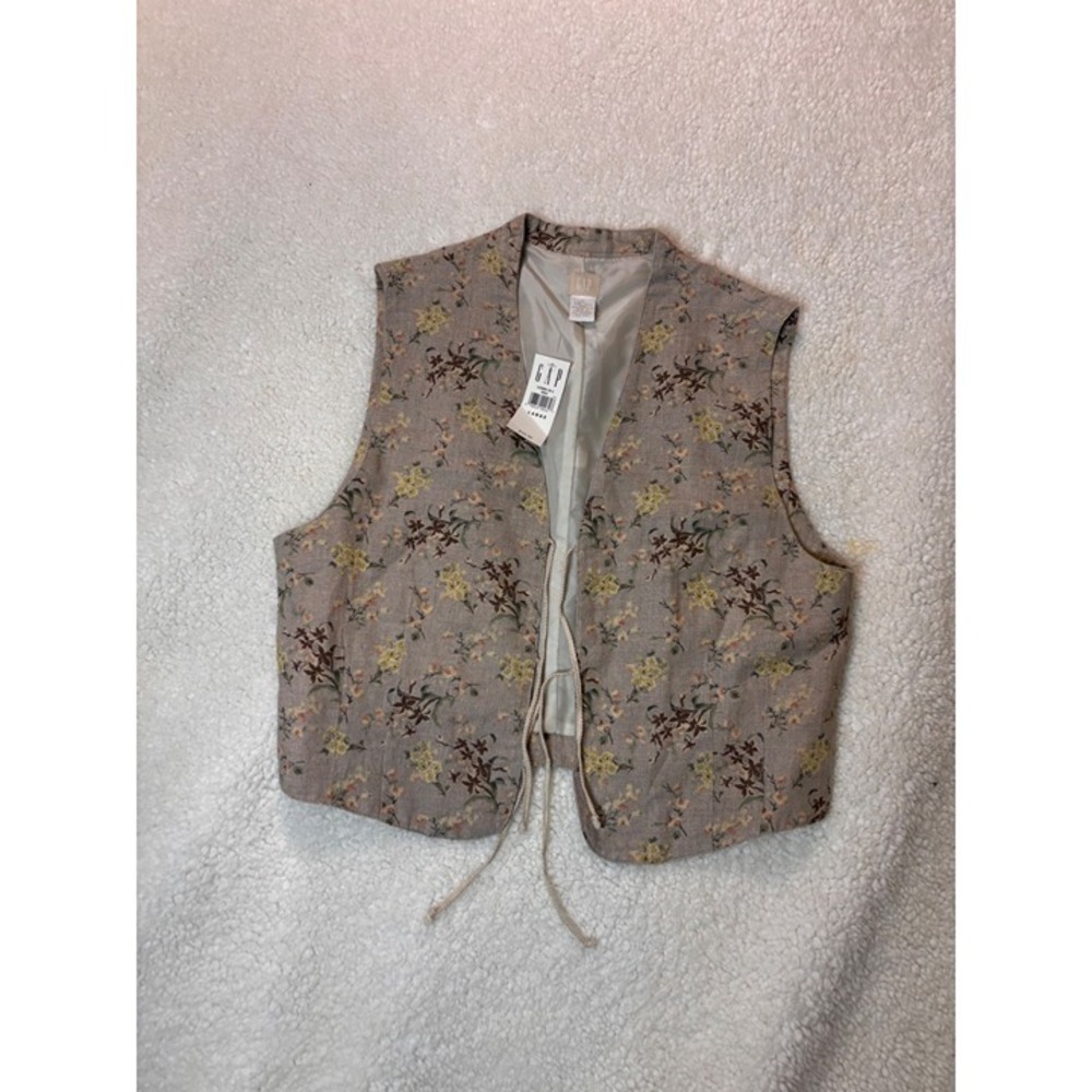 Gap Linen Floral Vest Womens Large Tan Yellow NWT 123885-30-1 Tie Front